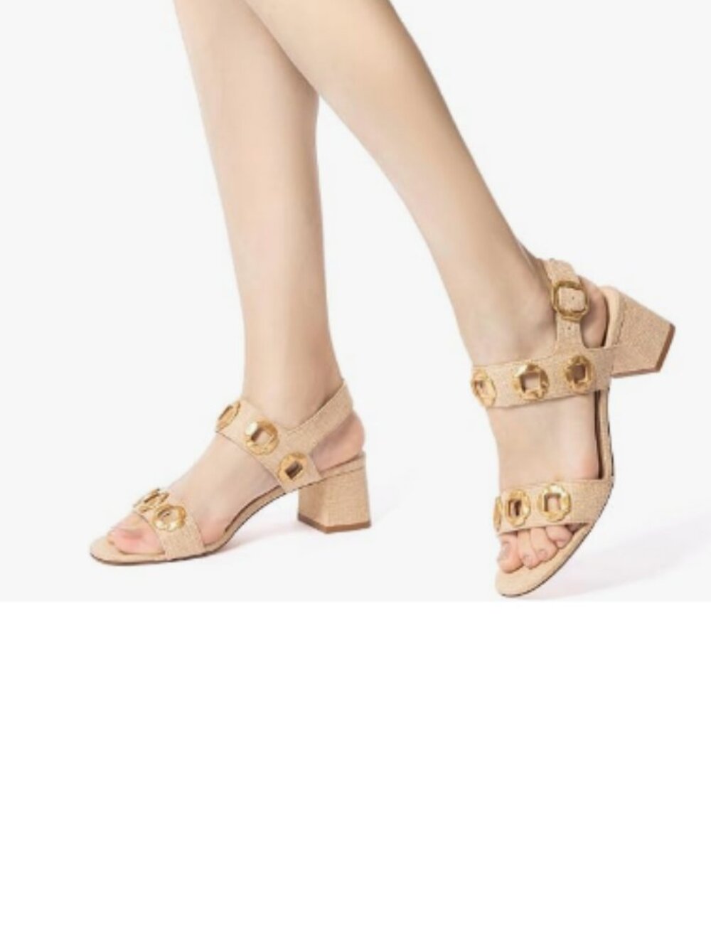 YDN Gold Open Toe Sandals Chunky Dressy Low Heels Backstrap with Buckle Shoe